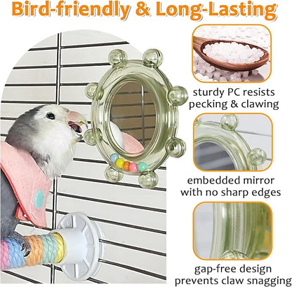 2Pcs Innovation Bird Toy with Hd Mirror, Spinner Rattle Parakeet Toy with Rustling Beads, Safely Embedded No Sharp Edges Bird Mirror for Cage, Flexibly Mounted Rotating Budgie Enrichment Fits Any Cage