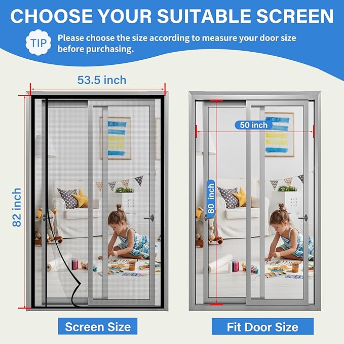 Magnetic Screen Door Left Right Side Opening Upgraded PET Mesh Greater Than Fiberglass and Polyester,Keep Bugs Out,Pet & Kid Friendly,Suitable for Sliding Doors,Patio French Doors-50" X 80"