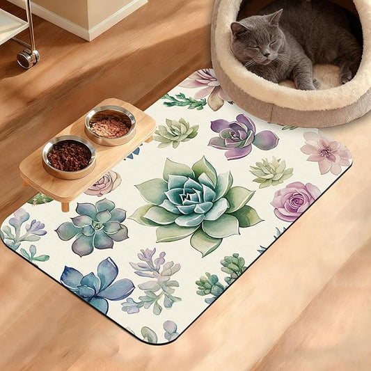 Dog Bowl Mat,Cactus Pet Feeding Mat for Floors Waterproof,Succulents Absorbent Dogs Placemat for Food and Water Quick Dry Pet Cat Feeding Mats with Non Slip Bottom 16" x 24"