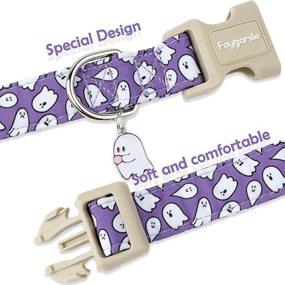 Faygarsle Halloween Dog Collar with Charm, Purple with Ghost Pattern, for Small Medium Large Dogs XS