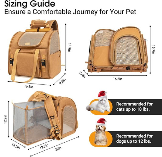 Expandable Carrier Backpack for Big Cats Small Dogs, Airline Approved Pet Carrier Backpack,Foldable Breathable Travel Backpack, Portable Pet Carrier Backpack with Safety Leash, Holds Up to 18 Lbs