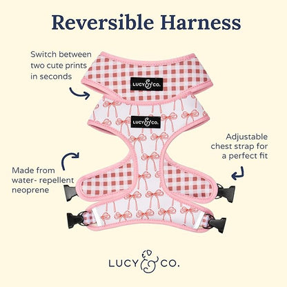 Lucy & Co. Cute Reversible Dog Harness Walking Halter - Best Designer Pet Harnesses for XS - XL Dogs - Padded Adjustable Vest for Easy Walking (Large, Ballet Bows - White & Pink Bows)