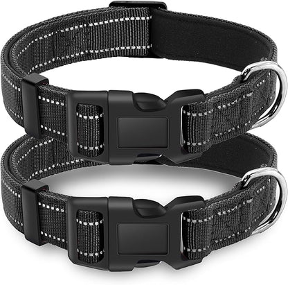 2 Pack Reflective Dog Collar with Safety Locking Buckle, Adjustable Soft Breathable Comfortable Nylon Pet Collar for Small, Medium and Large Dogs, Black, L
