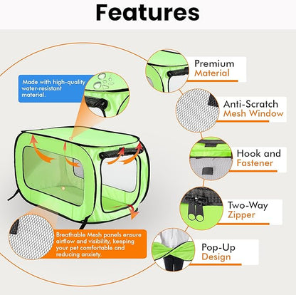 Beatrice Home Fashions Portable, Collapsible, Pop Up Kennel Travel Cat and Dog Crate, 40" L x 27" W x 27" H, Green
