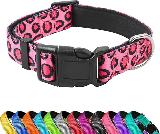 Reflective Dog Collar, Adjustable Soft Neoprene Padded Nylon Pet Collars with Buckle for Puppy and Small Dogs, Cats, Leopard Pink,XL