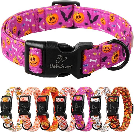 Halloween Dog Collar, Cute Pumpkin Bat Pattern Halloween Purple Puppy Collar, Soft Adjustable Cotton Dog Collars for Small Medium Large Boy&Girl Dogs XL