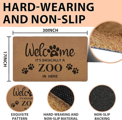 Funny Pet Welcome Door Mats, It's Basically a Zoo in Here Door Mat for Home Outside Entryway, Outdoor Pet Lover Owner Gift, Artificial Coir Doormat Rugs for Patio Kitchen Decor, 17x30 Inch