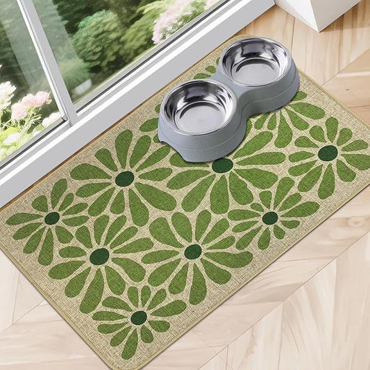 SHIYUE Dog Food Mats for Floors, Absorbent Cat Bowl for Food and Water, Non-Slip Accessories Pet Supplies(17"x30",Green Flower)