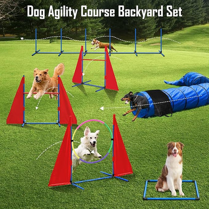 Dog Agility Course Backyard Set, Dog Agility Equipment, Portable Agility Training Equipment for Dogs, Build Dog Obstacle Course Backyard with 2 Tunnels, 3 Jumps, 6 Weave Poles & More, Dog Training Kit