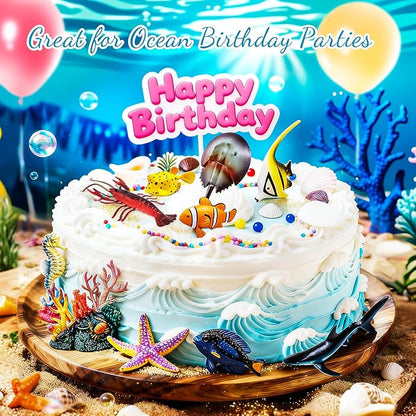Sea Animals Toys Figures 21Pcs, Plastic Marine Creature Shark Fish Starfish Crab Lobster Octopus Seahorse Coral Jellyfish Ocean Life for Kids Birthday Party Favor Cake Decoration