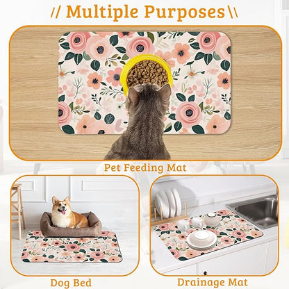 Dog Bowl Mat,Blooming Flowers Pet Feeding Mat for Floors Waterproof,Peonies Roses Absorbent Dogs Placemat for Food and Water Quick Dry Pet Cat Feeding Mats with Non Slip Bottom 12" x 20"