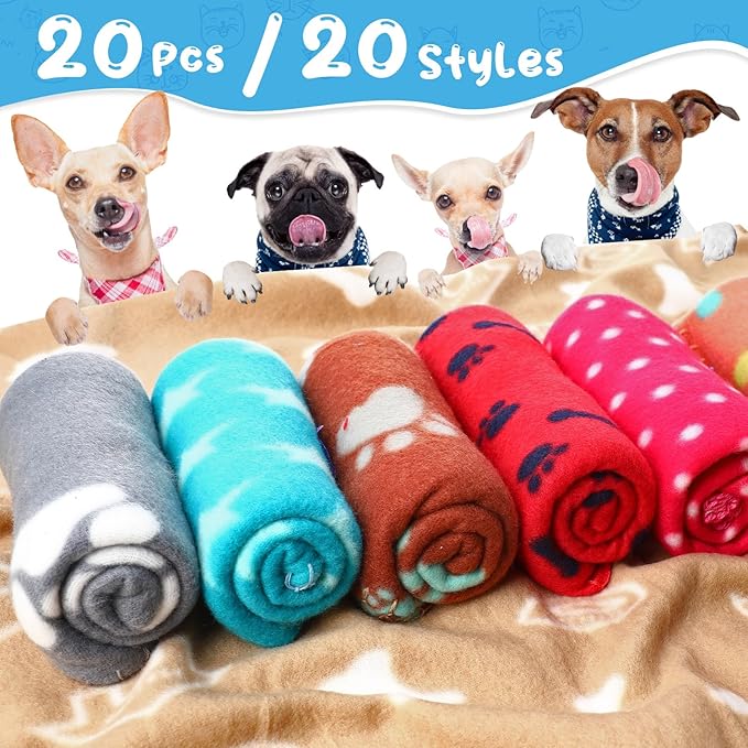 Eccliy 20 Pcs Puppy Blanket Pet Soft Fleece Dog Blankets Warm Felt Throw Sleep Mat Bed Covers for Doggie Puppy Pet Dogs Cat, 20 Styles(23.6 x 27.6 Inch,Mix)