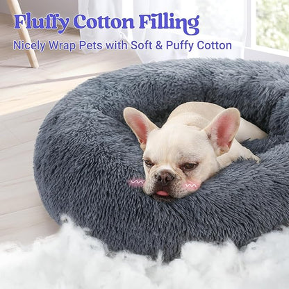 rabbitgoo Dog Bed for Small, 24 inches Machine Washable, Fluffy Donut Pet Bed Anti-Slip, Calming Soft Plush Round Cushion, Fits up to 18 lbs Pets, Dark Grey