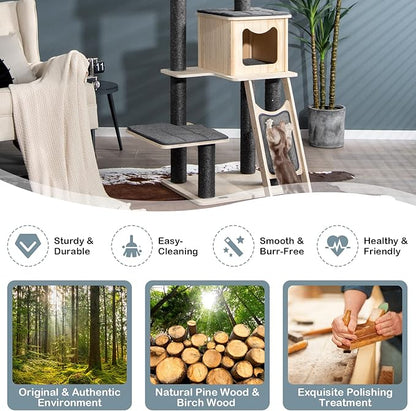 PETSITE 69-inch Tall Wooden Cat Tree Tower, Modern Cat Activity Center Tree with Sisal Scratching Posts & Board, Condo & Top Perch for Indoor Cats, Grey
