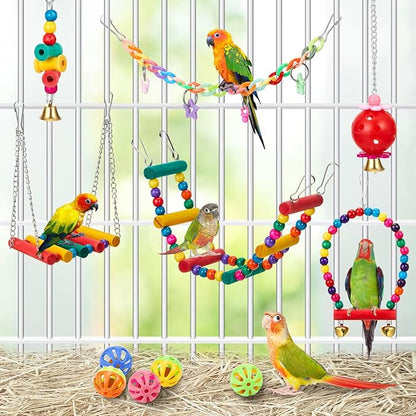 12 Pcs Parakeet Cockatiel Bird Toys, Bird Toys for Parakeets, Cockatiel Cage Accessories, Perches Parrot Ladders for Hanging Swinging Standing Chewing Climbing Training (Basic Style)