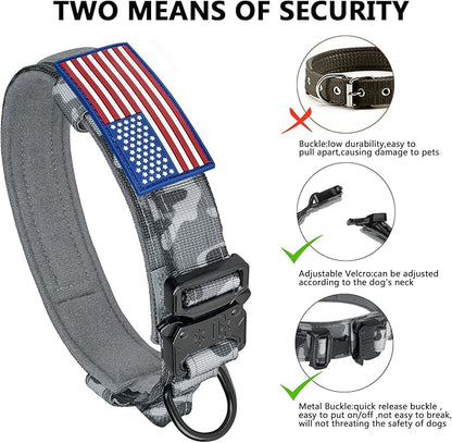 DAGANXI Tactical Dog Collar, Adjustable Military Training Nylon Dog Collar with Control Handle and Heavy Metal Buckle for Medium and Large Dogs, with Patches and Airtags Case (L, Camo)