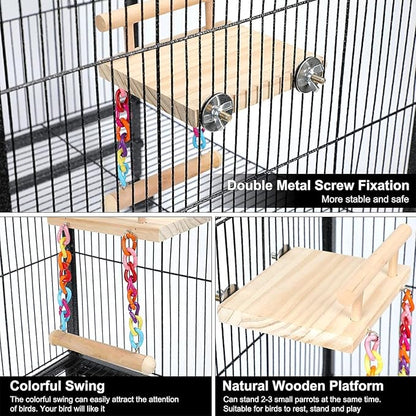 Natural Wood Bird Perch Platform with Colorful Chain Swing Toy, Parrot Hanging Stand Perch for Cockatiels Parakeets Lovebirds Budgies Conures, Cage Accessories Chewing Grinding Exercise Play Gym.