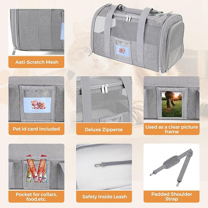 Cat Carrier Soft for Pets Up to 15 Lbs, Cat Travel Bag with Padded Shoulder Strap and Detachable Cat Food Bowl, Pet Dog Carriers for Small Dogs Travel Puppy Carry Airline Approved, Grey