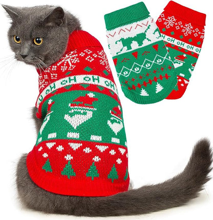 Stretchy Cat Christmas Sweater - 2 Packs Christmas Sweaters for Cats | Snug Winter-Ready Knit for Boy/Girl Cats & Kittens(Scarlet, Large)