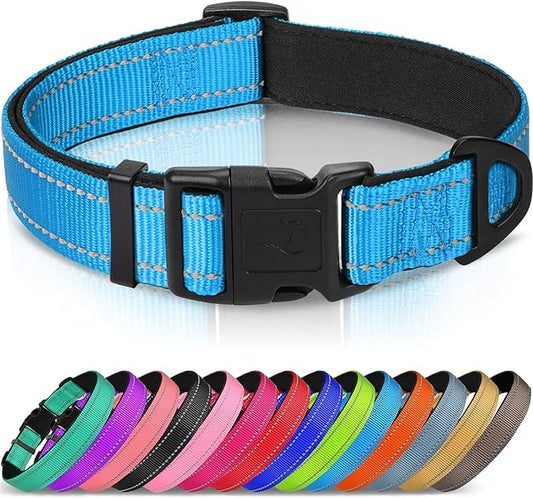 Joytale Reflective Dog Collar, Soft Neoprene Padded, Metal D-Ring, Nylon Pet Collar Adjustable for Medium Dogs, Sky Blue, M