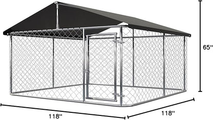 Outdoor Dog Enclosure Heavy Duty Dog Kennel House Mesh Dog Big Cage Pet Kennel Steel Fence with Secure Lock(9.84'x 9.84')