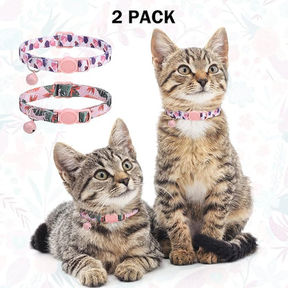 Breakaway Cat Collars for Girl Boy Cats, Spring Summer All Weather Cat Collar Personalized Pattern 2 Pack,Cute Classic Safety Buckles and Bells,Adjustable Printed Nylon Colorful Kitten Collar