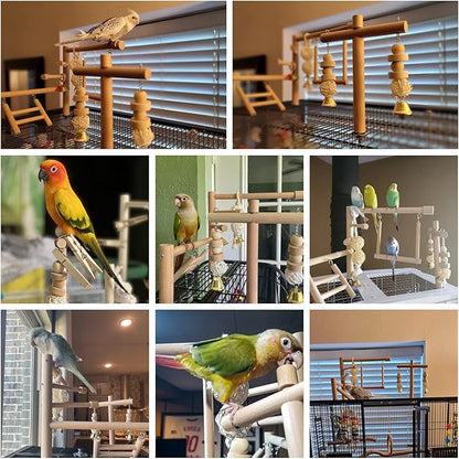 QBLEEV Bird Cage Play Stand Toy Set-Birdcage Wood Stands Hanging Chew Toys Ladder Swing Parrot Perch Play Gym Playground Accessories Activity Center for Conure, Parakeets, Budgie, Cockatiels,Lovebirds