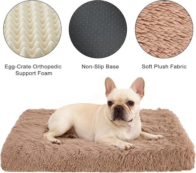 Fluffy Orthopedic Dog Beds for Small Dogs with Washable Removable Cover Dog Crate Bed Egg Crate Foam Support Plush Pet Pad Mat with Anti-Slip Bottom (30 * 20,Khaki)