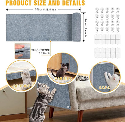 Cat Scratch Mat,118.5"x17.4" Trimmable Self-Adhesive Cat Scratch Furniture Protector, Sticky Cat Scratcher Wall Mat, Covering Cats Tower, Couch Protector from Cats Claws (Light Grey)