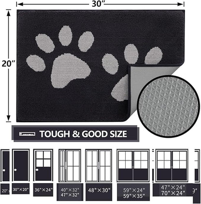 Buganda Dog Door Mat for Muddy Paws, Absorbent Dirt Trapper Washable Indoor Doormats, Non Slip Low-Profile Mud Mat for Dogs, Front Entrance Doormat for Inside Floor (70x24 Inches, Black and Grey)