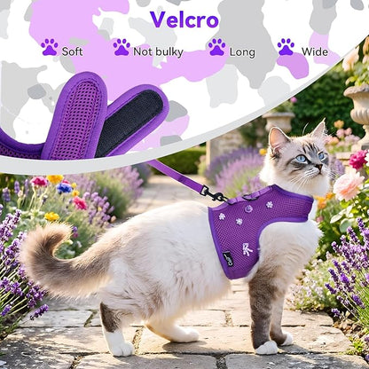 Cat Harness and Leash for Walking Escape Proof Breathable Mesh Fabric, Purple, Large, Adjustable Cat Walking Jackets with DIY Beads, Padded Stylish Cat Vest