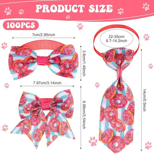 Reginary 100 Pieces Dog Bow Tie Collar Set Include 40 Dog Neckties, and 30 Puppy Bowties, 30 Collar Flowers, Adjustable Pet Ties Grooming for Small Medium Cats Pets Supply(Donut)