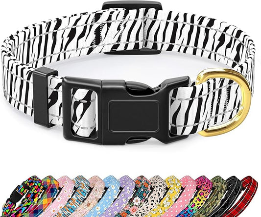 Reflective Dog Collar for Medium Dogs, Cute Boho Adjustable Heavy-Duty Nylon Puppy Collar for Boy and Girl Female, Soft Pet Accessories with Quick Release Buckle, Stylish Zebra Print