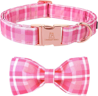 Lionheart glory Pink Plaid Dog Collar, Adjustable Dog Collar with Bowtie, Pet Gift Girl Collar for Dog Soft Bowtie Dog Collars for Medium Dogs