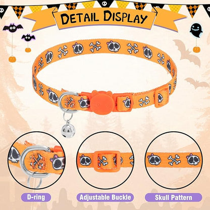 PUPTECK Breakaway Halloween Cat Collar with Bell Charm, 2 Packs Adjustable Kitty Collars Purple & Orange Skull Pattern, Orange Purple, 7.8-11.8 in