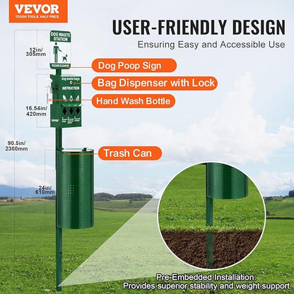 VEVOR Dog Waste Station with Hand Wash Bottle, 11.5 Gallons Pet Waste Bin with 50 Can Liners, Bag Dispenser & 600 Waste Bags, Outdoor Dog Waste Disposal System for Backyard