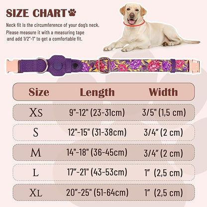 AirTag Dog Collar for Small Medium Large Breed - Adjustable Cute Pattern Dog Collar with Airtag Holder - Soft Leather Tracker GPS Apple Air Tag Pet Collars (Large, 17"-21" Neck Fit, Peonies)