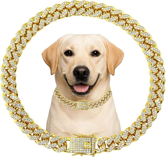 Dog Chain Designer Gold Crystal Pet Collar Cuban Link Chain with Secure Buckle Luxury Adjustable Necklacefor Small Medium Large Dogs Cats(Glod 14inch)