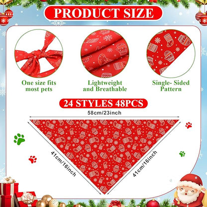 Sanwuta 48 Pcs Christmas Dog Bandanas Bulk Xmas Dog Bandanas Adjustable Snowman Santa Elk Colorful Scarf Handkerchief Bib Accessories for Small Medium Large Breeds Pet Costume Accessories