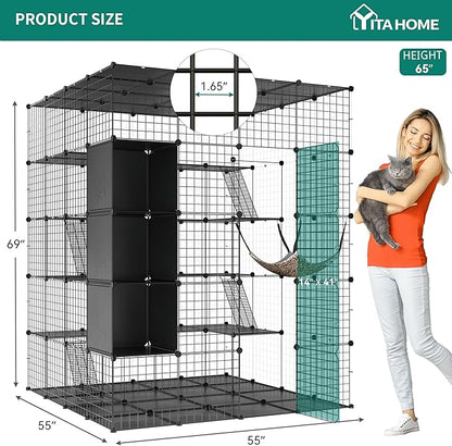 YITAHOME Cat Cage Indoor Large with Storage Cube DIY Outdoor Catio Cats Enclosures Metal Cat Playpen with Hammock Platforms for 1-4 Cats 5 Tiers Cat Kennel
