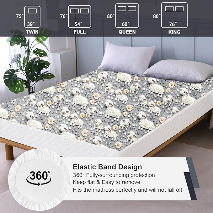 Twin Mattress Protector Waterproof, Fitted Sheet Style Breathable Mattress Cover with Deep Pocket Fits Up to 18'', Noiseless Bed Cover for Kids Adults Pets, Machine Washable (Sheep, Twin)
