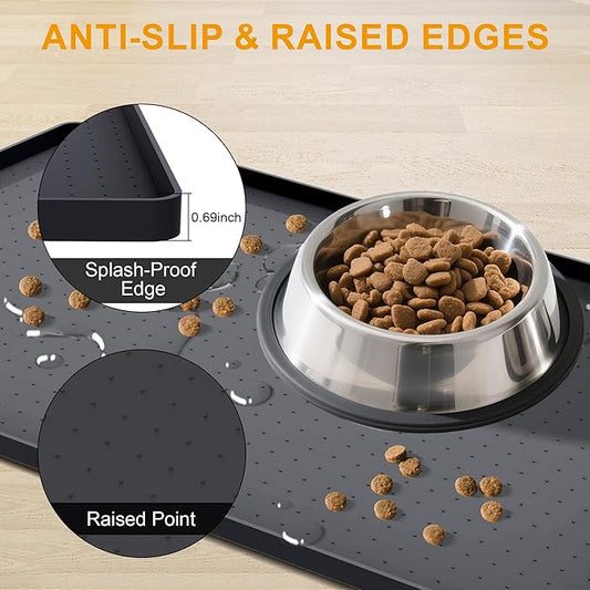 Mofason Pet Food Mat Waterproof Dog Mat 24”x16” Large – 0.5” inch Raised Edge,Cat Silicone Feeding Placemat Water Bowl Tray for Floors, Nonslip Washable Dog Mat for Food and Water