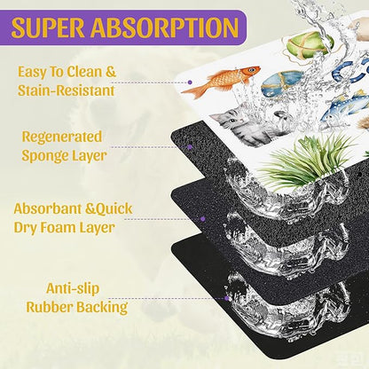 Cat Fun Pet Feeding Mat, Absorbent Bowl Pad for Dogs and Cats, Fast Dry, Non-Slip Back, Indoor Use – 12x20 Inch