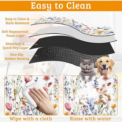 Flowers Butterfly Dog Food Mat,Colorful Absorbent Pet Feeding Mat for Food and Water Bowl,Quick Dry Dog Placemat Non Slip Rubber Backing Waterproof Pet Supplies 12" x 20"