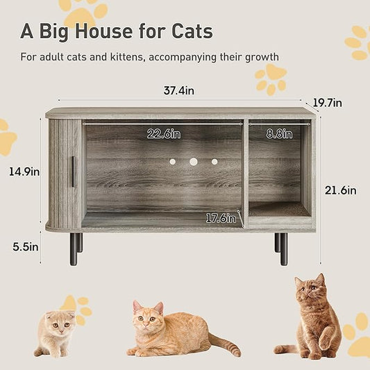 Cat Litter Box Enclosure with Cat Scratch Pad, Sliding Door, 37.4" Litter Box Enclosure Furniture Hidden Litter Box, Modern Indoor Cat House, TV Stand, Side End Table for Living Room, Grey