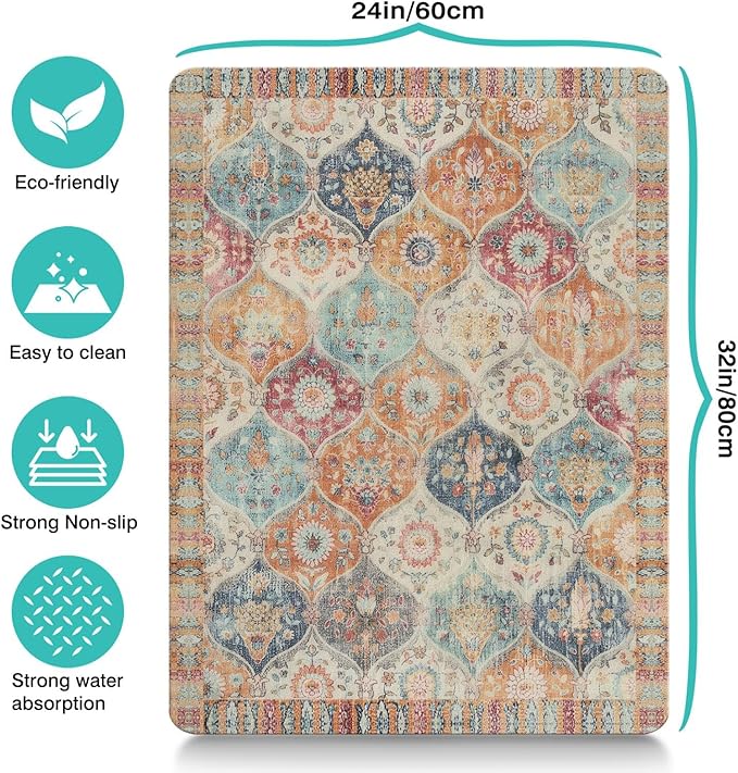 Moroccan Trellis Dog Food & Water Mat, Mexican Talavera Boho Colorful Pet Feeding Mat for Floor Non-Slip Waterproof, Super Absorbent Cat Bowl Mat, Easy to Clean Durable Pet Placemat,24" × 32"