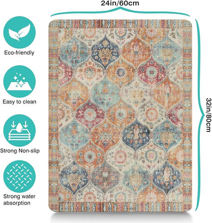 Moroccan Trellis Dog Food & Water Mat, Mexican Talavera Boho Colorful Pet Feeding Mat for Floor Non-Slip Waterproof, Super Absorbent Cat Bowl Mat, Easy to Clean Durable Pet Placemat,24" × 32"
