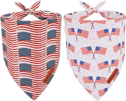 ADOGGYGO American Flag Dog Bandana 2 Pack, Reversible White Red USA Flag Pet Scarf Bib, Adjustable Fit 4th of July Bandanas for Medium Large Dogs Pets (Large)