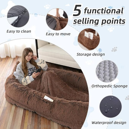Human Dog Bed, 71''x45''x12'' Size Fits You and Pets, Washable Faux Fur Pet Bed for People Doze Off, Napping Orthopedic Dog Bed, Present Plump Pillow, Blanket, Strap - Coffee