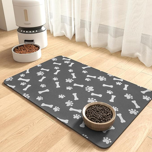 MontVoo Dog Food Mat-Pet Feeding Mat for Food and Water-No Stains Quick Dry Dispenser Cat Bowl Mat for Messy Drinkers(14"x22" Dark Grey)